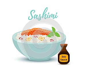 Vector Japan food - sashimi in red bowl. Salmon