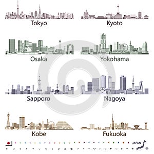 Vector japanese city skylines in bright color palettes