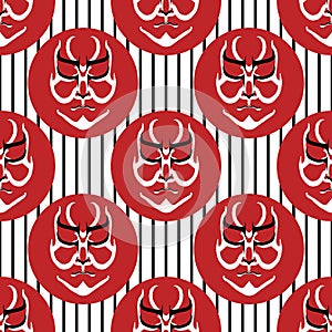 Vector Japanese drama Kabuki face seamless pattern background. Black and white theatre mask in red circles on striped