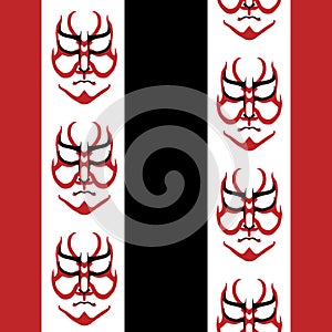 Vector Japanese drama Kabuki face striped seamless pattern background. Red and black theatre masks and stripes backdrop