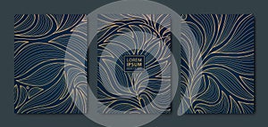 Vector japanese leaves art deco patterns. Floral golden elements template in vintage style. Luxury line covers, labels