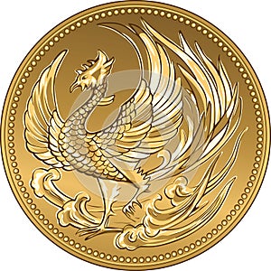 Vector Japanese money gold coin with phoenix