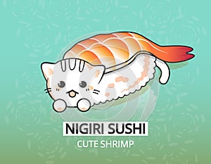 Vector japanese shrimp food illustration. Kitty ebi nigiri sushi. Happy cartoon character.