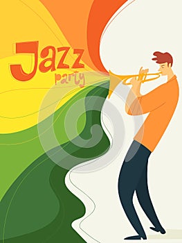 Vector jazz party poster with musician playing trumpet