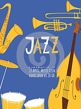 Vector jazz poster with musical instruments and text