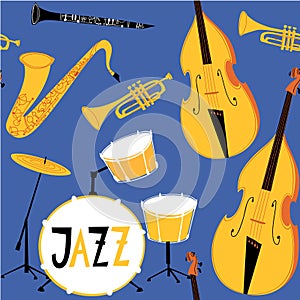 Vector jazz seamless pattern with musical instruments