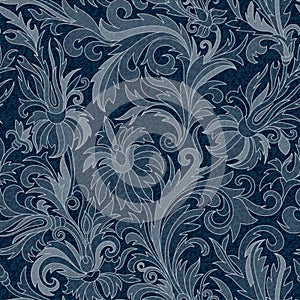 Vector Jeans background with flowers. Denim seamless pattern. Blue jeans fabric. Floral grunge background