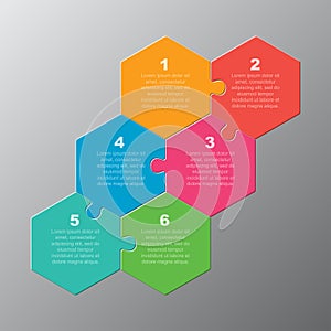 Vector jigsaw puzzle hexagon info graphic 6 steps.