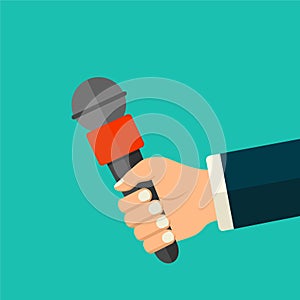 Vector journalism concept. Hand holding microphone icon. News or interview concept symbol or logo in flat style