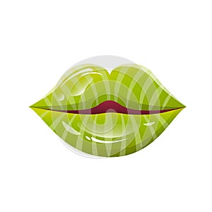 vector juicy lips with watermelon print, summer kiss, trendy and striped lips, green watermelon, bright makeup