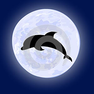 Vector of jumping dolphin on night sky with full moon on the background