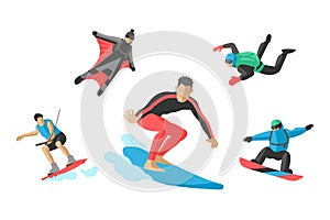 Vector jumping extreme athletes silhouettes illustration life skateboard set speed skydiver skateboarder roller skate