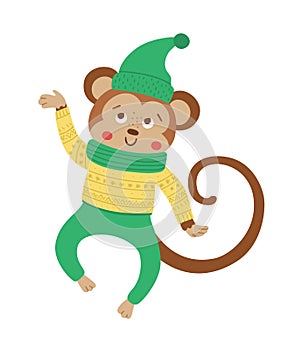 Vector jumping monkey in hat, scarf and sweater. Cute winter animal illustration. Funny Christmas card design. New Year print with