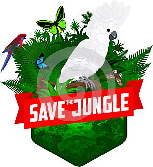 Vector jungle rainforest emblem with Australian white cockatoo and Crimson Rosella