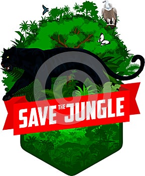 vector jungle rainforest emblem with black panther, Griffon vulture and butterflies
