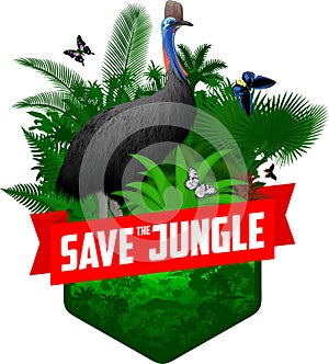 Vector jungle rainforest emblem with cassowary and butterflies