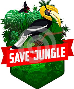 Vector jungle rainforest emblem with great hornbill and butterflies
