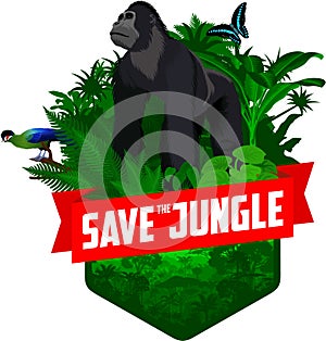 Vector jungle rainforest emblem with male gorilla, Hartlaub`s turaco and broadly green-banded swallowtail butterfly