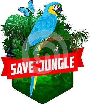 Vector jungle rainforest emblem with male gorilla, Hartlaub`s turaco and broadly green-banded swallowtail butterfly