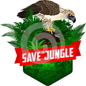 Vector jungle rainforest emblem with philippine Eagle - Pithecophaga jefferyil with monkey