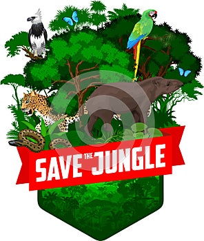 vector jungle rainforest emblem with tapir, jaguar, parrot