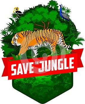 Vector jungle rainforest emblem with tiger, great hornbill and male peacock peafowl