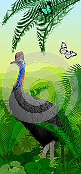 Vector Jungle rainforest vertical baner with cassowary and butterfliy