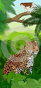 Vector Jungle rainforest vertical baner with jaguar or leopard and ape monkey