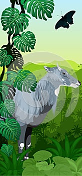 Vector Jungle rainforest vertical baner with male nilgai - blue bull and butterfly