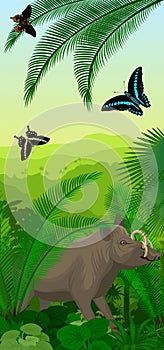 Vector Jungle rainforest vertical baner with North Sulawesi babirusa and butterflies