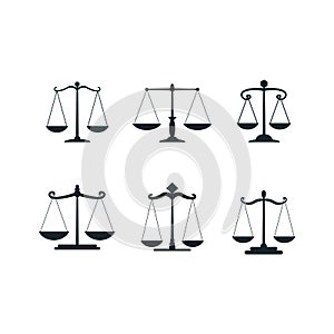 Vector justice scales. Justices scale set or simple court decision icons, corruption and law balancing isolated on white