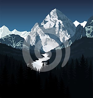 Vector K2 mountain with river in woodland photo