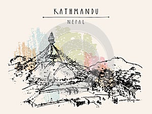 Vector Kathmandu, Nepal, Asia postcard. Gorgeous prominent venerable ancient Boudhanath Boudha temple. Travel sketch artistic