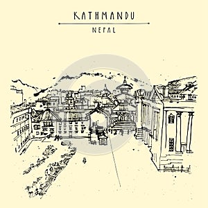 Vector Kathmandu, Nepal, Asia postcard. Royal palace and Durbar square and flea market in Kathmandu. Historical buildings. Hand