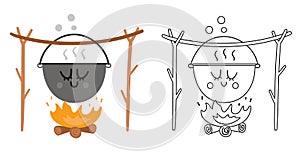 Vector kawaii boiler hanging on tree twigs above the fire colored and black and white illustration. Campfire pot isolated on white