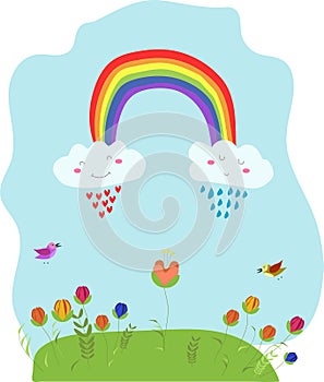 Vector kawaii cartoon cute funny card, illustration with rainbow, sniling clouds, flowers and birds