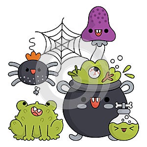 Vector kawaii cauldron with frog, potion, mushroom and spider on the web. Cute Halloween scene with characters. All saints day