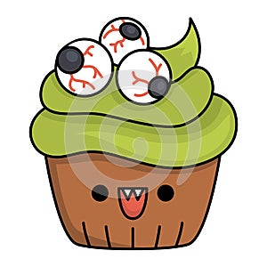 Vector kawaii cup cake with green cream and eyes. Cute smiling Halloween character for kids. Funny autumn all saints day cartoon