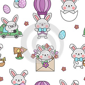 Vector kawaii Easter seamless pattern for kids with funny bunnies. Cute cartoon repeat background. Traditional symbols digital