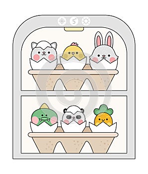 Vector kawaii fridge with egg packaging and hatching animals inside. Easter illustration with cute cat, chick and bunny sitting in