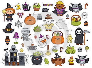 Vector kawaii Halloween clipart set for kids. Cute cartoon Samhain party elements. Scary collection with jack-o-lantern, haunted