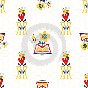 Vector Kawaii honey bee with sunflower, tulips in aztec motif flower pots on honeycomb background. Seamless pattern