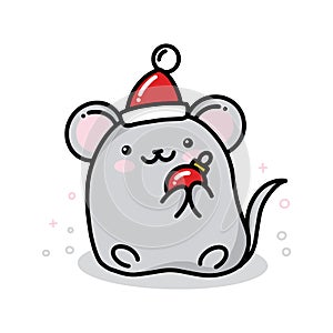 Vector kawaii new year mouse with red hat and christmas ball, cure mascot of 2020 new year by Chinese calendar for