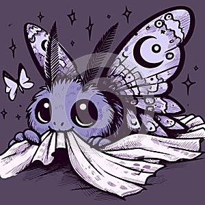 Vector of a kawaii nocturnal lepidopteran chewing on a piece of fabric. Cute illustration of a butterly photo