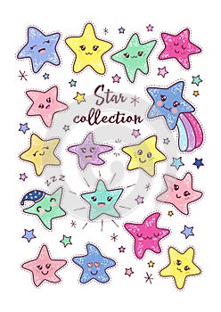 Vector kawaii sticker puck of cute hand-drawn stars collection.