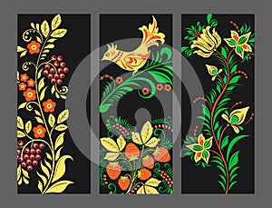 Vector khokhloma pattern cards design traditional Russia drawn illustration ethnic ornament painting illustration