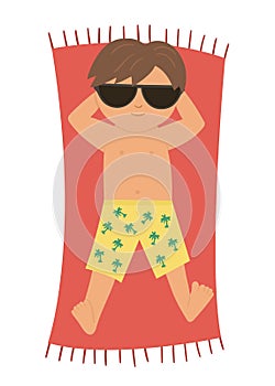 Vector kid lying in the sun. Child doing beach activity. Cute sunbathing boy isolated on white background.