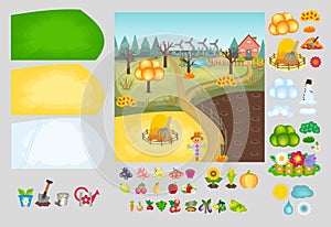 Vector kids cartoon constructor gardening and agriculture in different seasons. Farm background with icons set of rural tools,