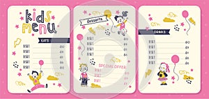 Vector kids menu design template with funny boy and girl characters, hand drawn stars, air balloons, menu in pink yellow colours.