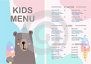 Vector kids menu template with cute illustration and place for text.